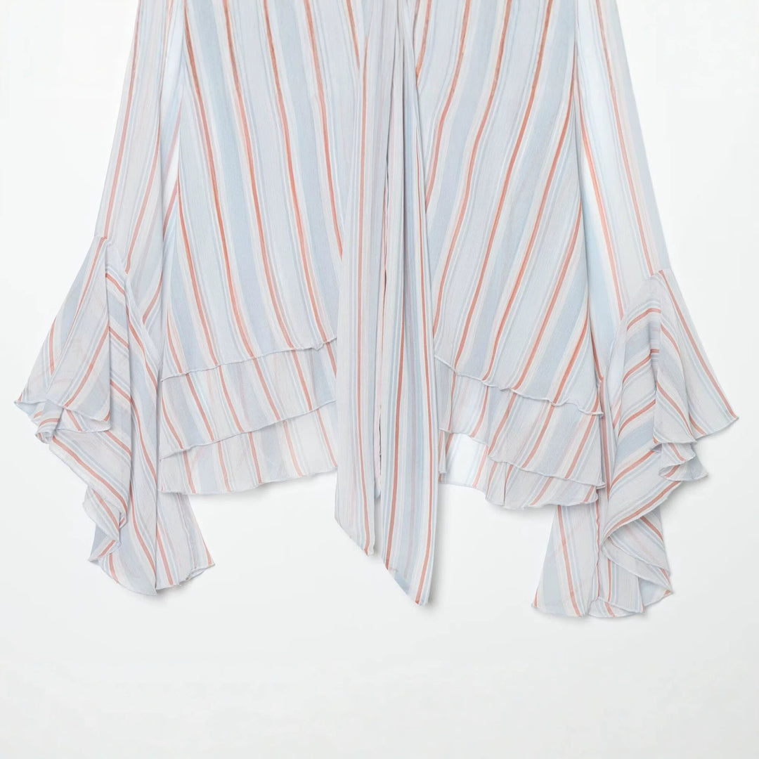 Damen Leichte Chiffonbluse mit Schluppe, Volant-Saum und ausgestellten Trompetenärmeln Drune