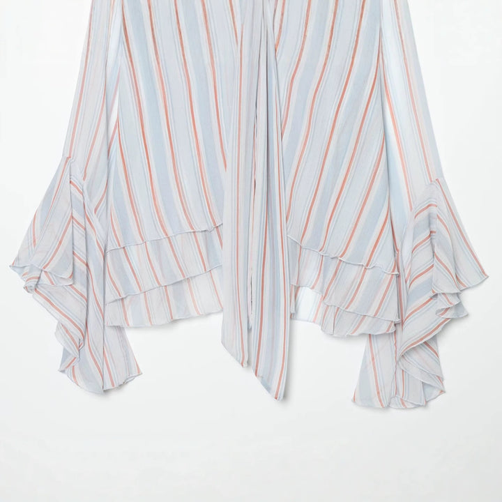 Damen Leichte Chiffonbluse mit Schluppe, Volant-Saum und ausgestellten Trompetenärmeln Drune