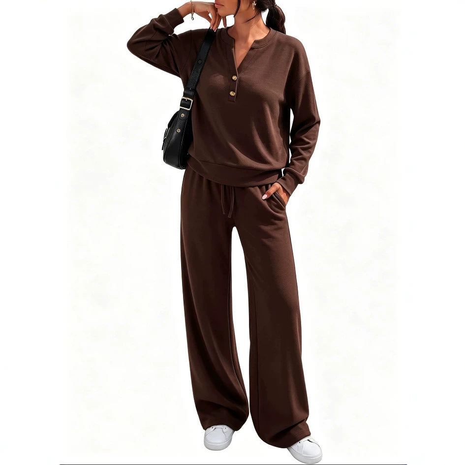 Damen Lounge-Set mit Henley-Kragen und palazzoweiter Jogginghose Drune