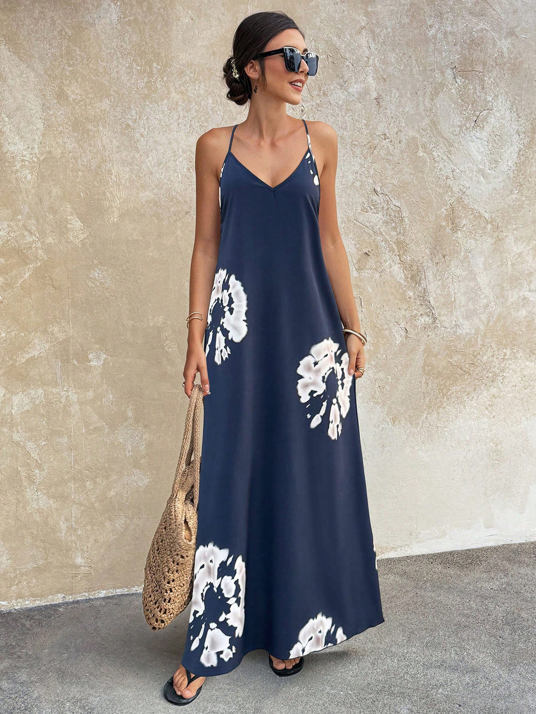 Damen Fließendes Maxikleid mit Spaghettiträgern, V-Ausschnitt und sommerlicher Leinenoptik Drune
