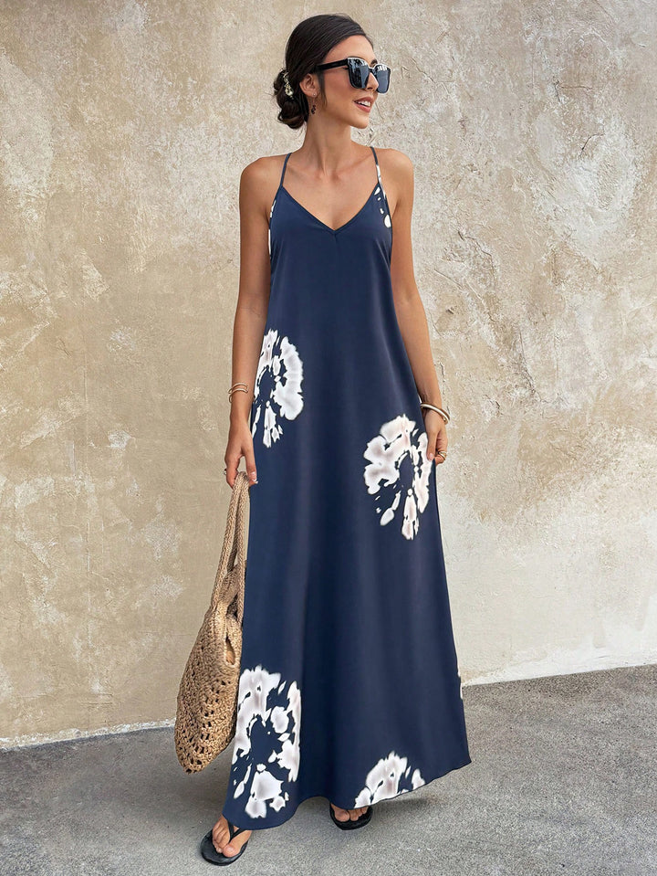 Damen Fließendes Maxikleid mit Spaghettiträgern, V-Ausschnitt und sommerlicher Leinenoptik Drune
