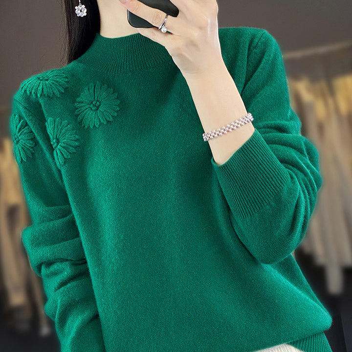 Damen Weicher Feinstrickpullover mit kurzem Stehkragen, 3D‑Blütenapplikation und gerippten Bündchen Drune