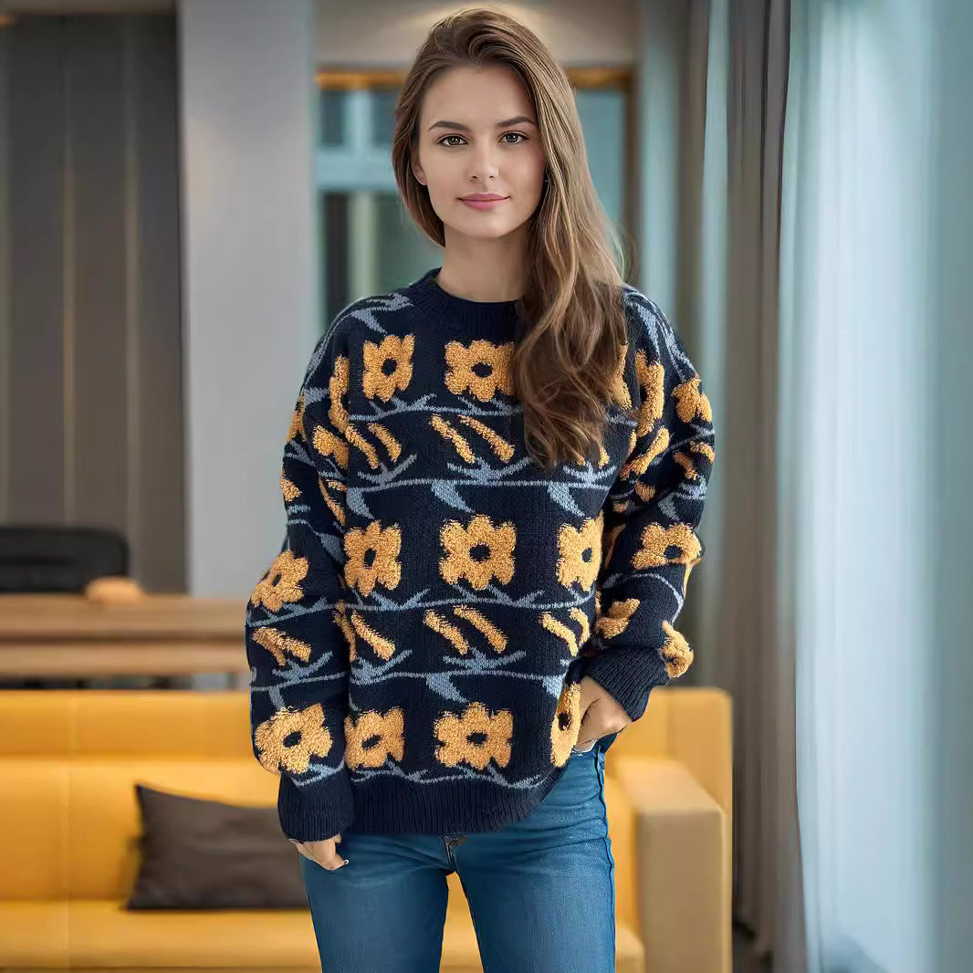 Damen kuscheliger Strickpullover mit floralen 3D-Applikationen Drune