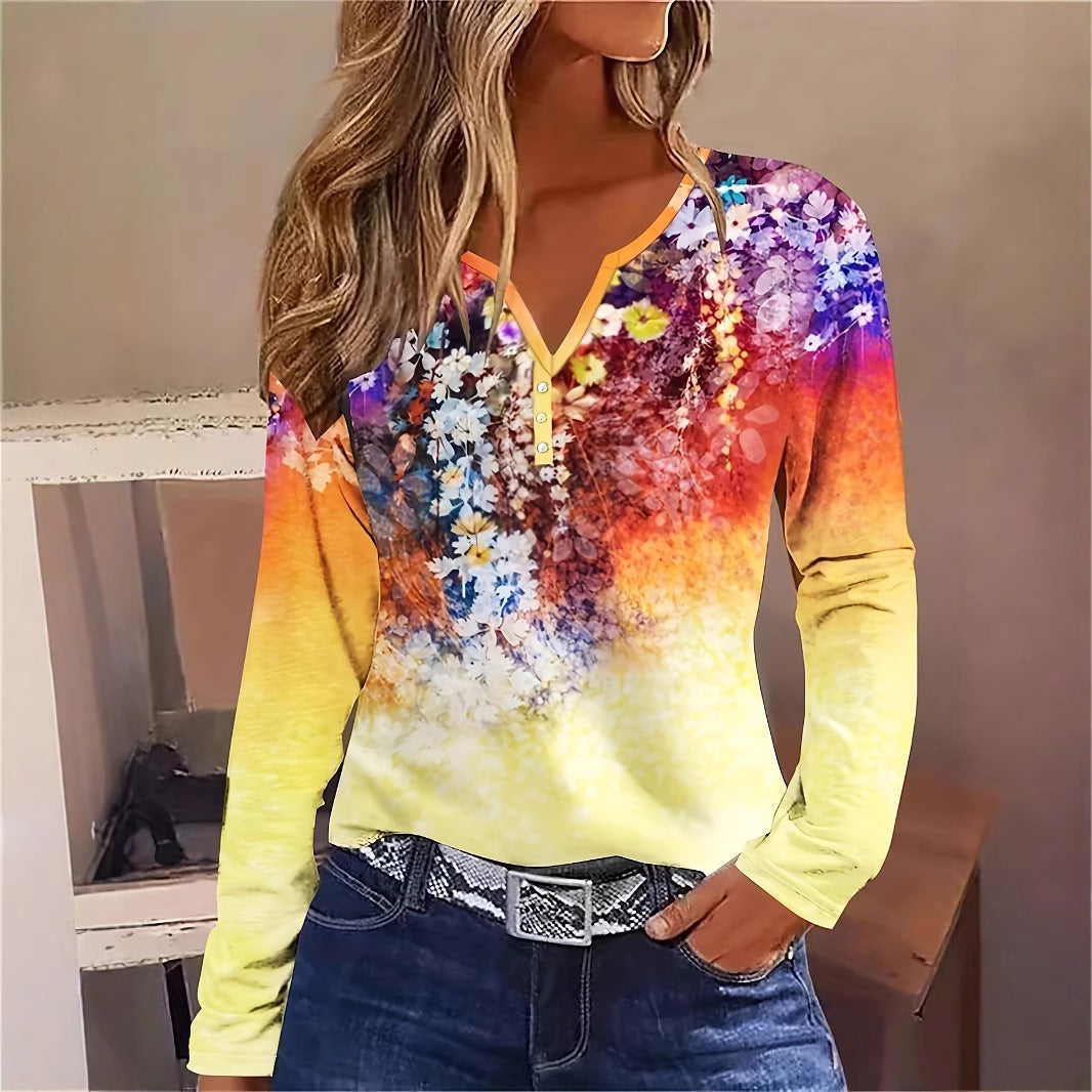 Damen Blütenmuster Langarmshirt mit Knopfleiste Drune