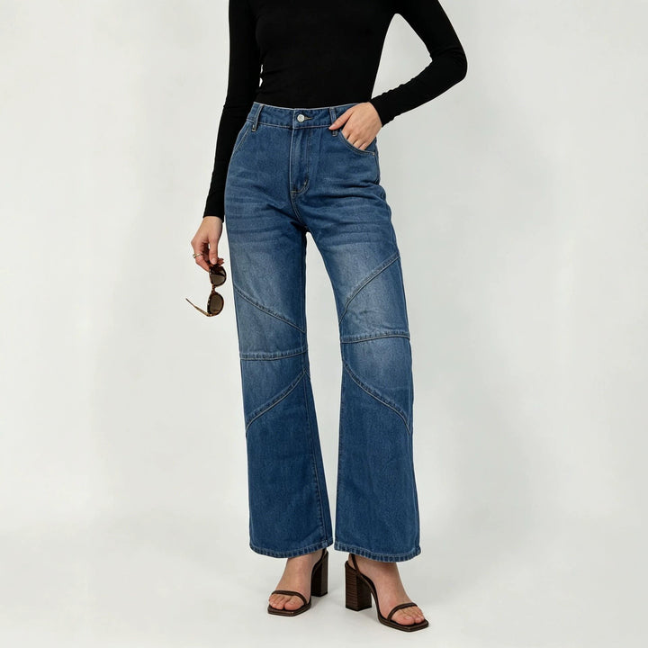 Damen nan weite Jeanshose mit hohen Bund, geschwungenen Ziernähten und weitem Bein Drune