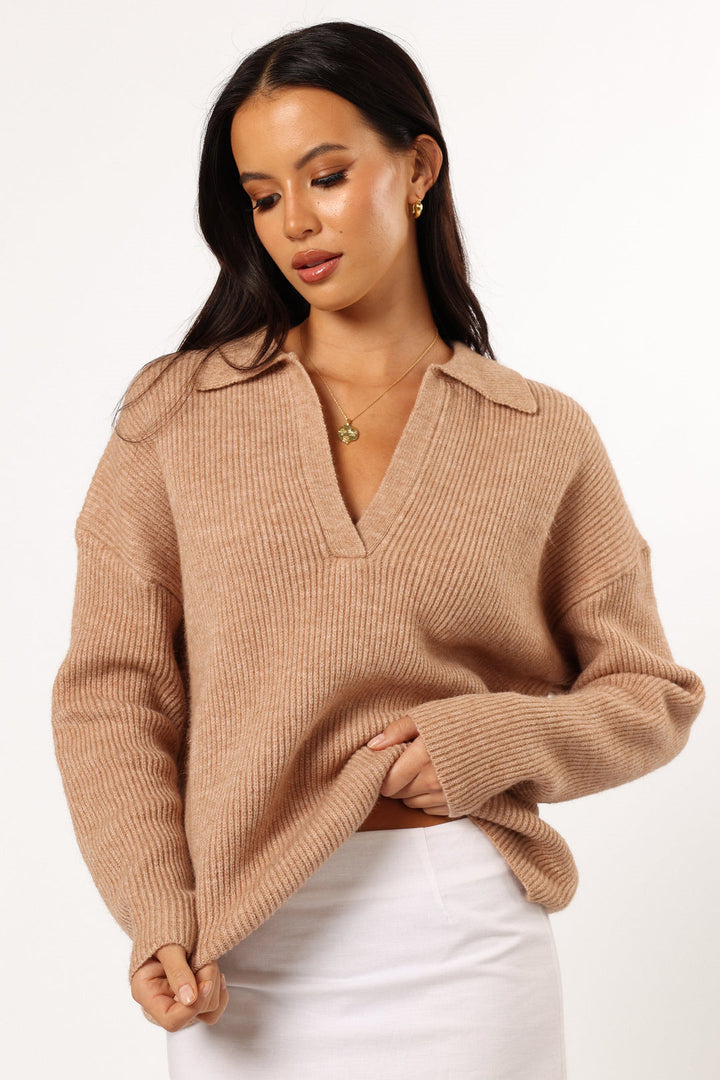 Damen lässiger Oversized-Pullover mit V-Ausschnitt und feiner Rippenstruktur Drune
