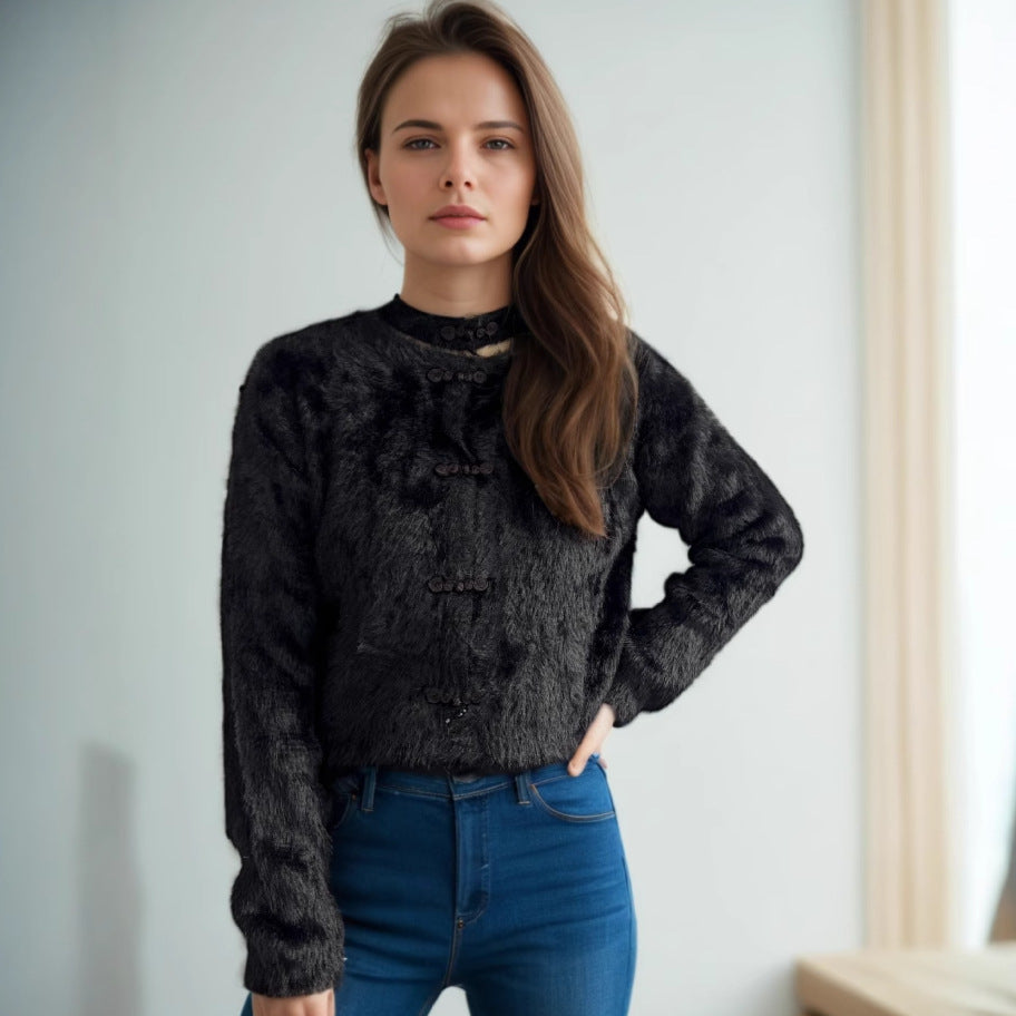 Damen kuscheliger Pullover mit hochgeschlossenem Kragen und dekorativen Knopfdetails Drune