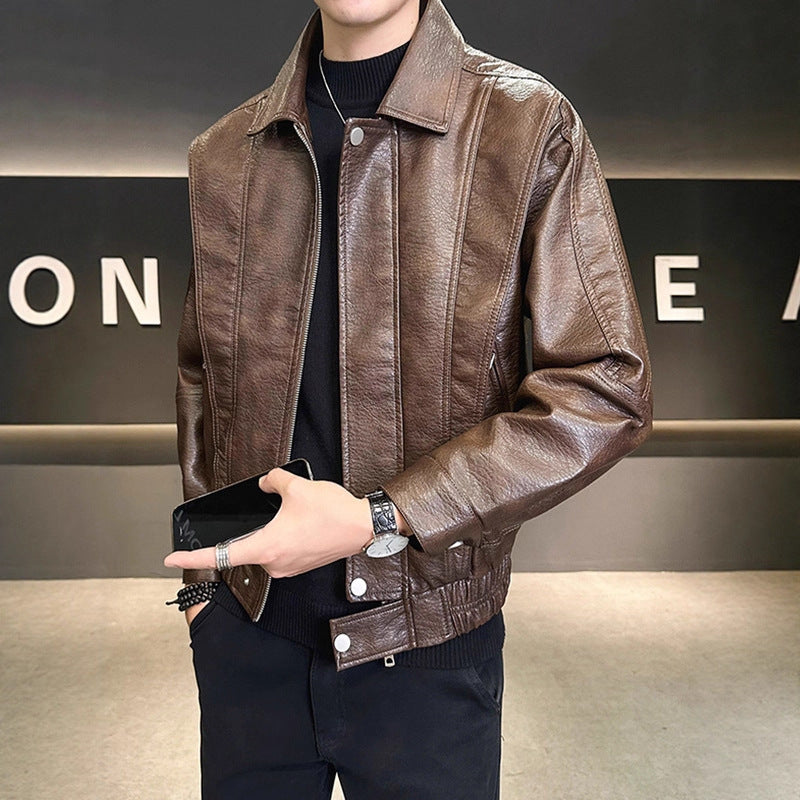 Herren Modische Kunstlederjacke mit hohem Kragen Drune