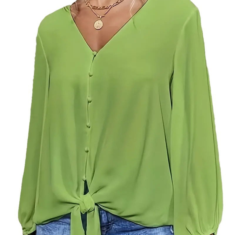 Damen elegante Bluse mit Knoten-Detail und V-Ausschnitt Drune