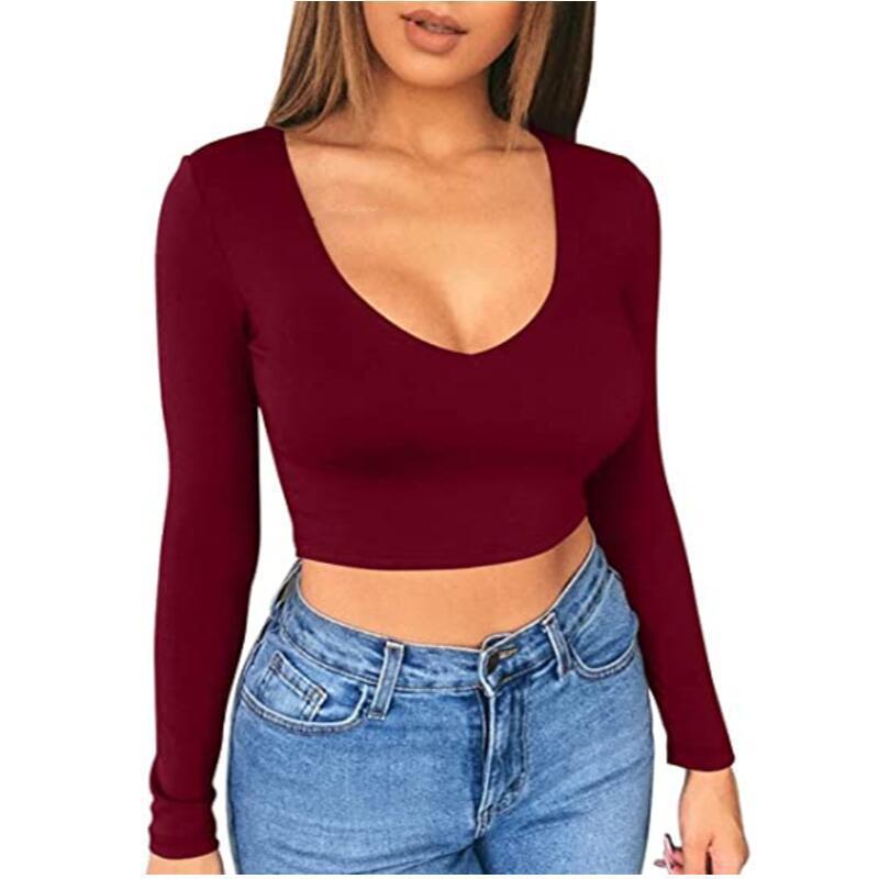 Damen modisches Crop-Top mit tiefem V-Ausschnitt und langen Ärmeln Drune