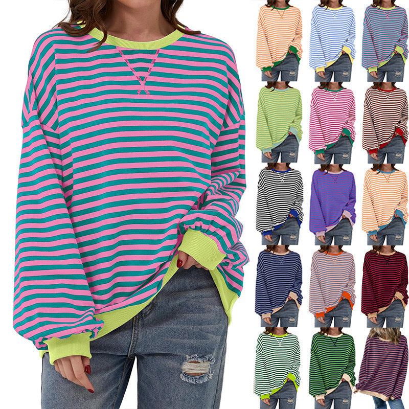 Damen Cozy Übergroßer Gestreifter Pullover Sweatshirt Drune