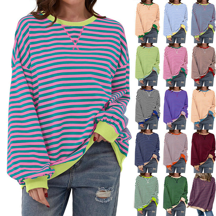 Damen Cozy Übergroßer Gestreifter Pullover Sweatshirt Drune