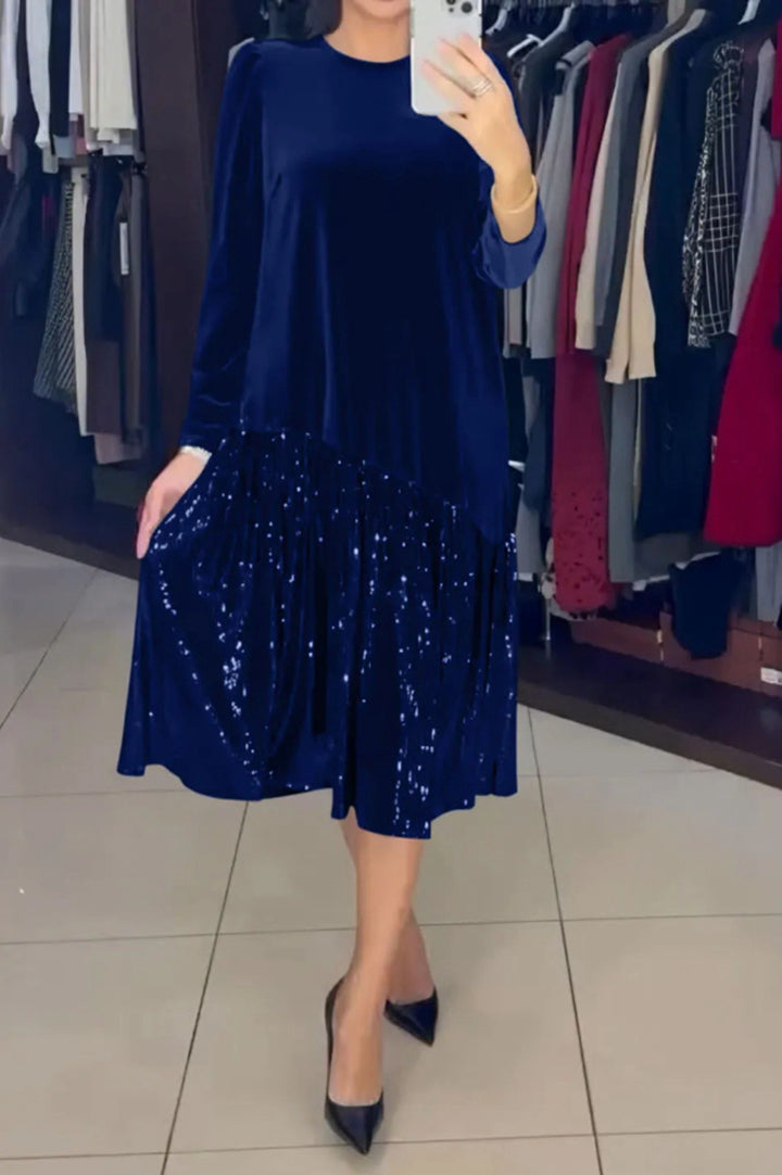Damen nan Samt-Midikleid mit plissiertem Paillettenrock, lockerem A-Linien-Schnitt und Rundhalsausschnitt Drune