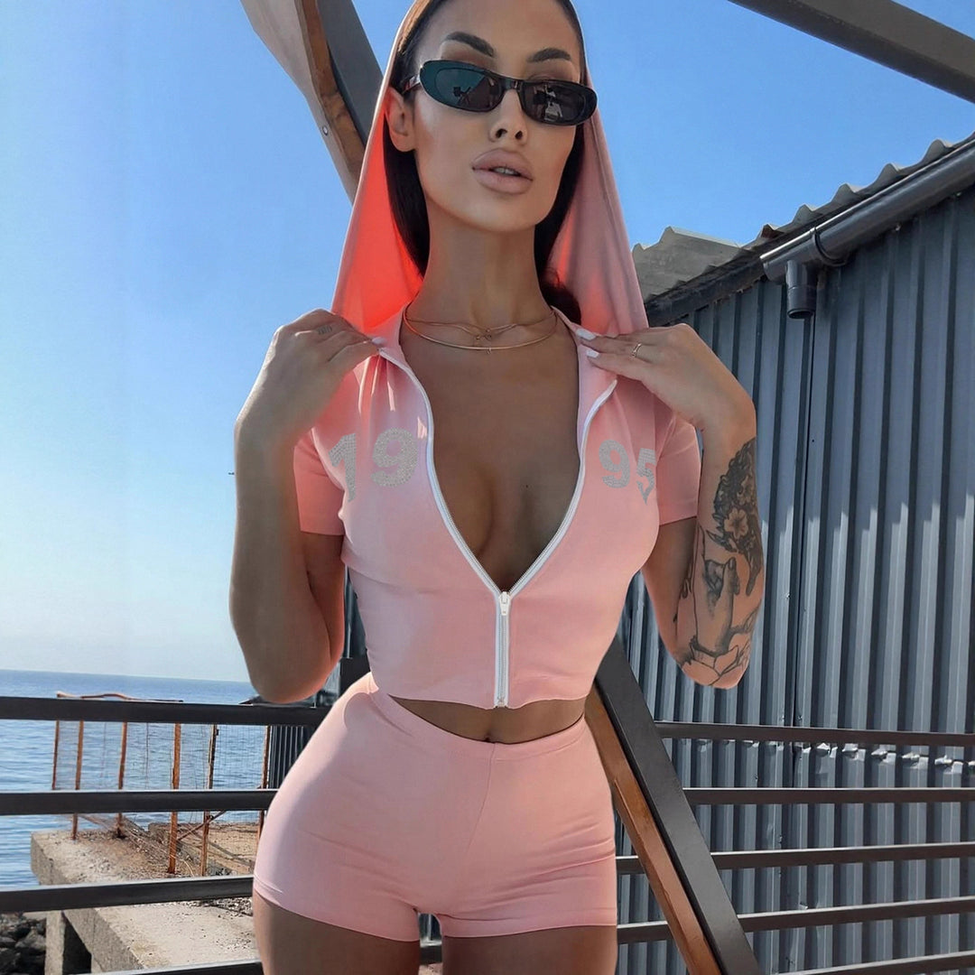 Damen sportliches Zweiteiliges Set mit Kapuzenoberteil und kurzen Shorts Drune