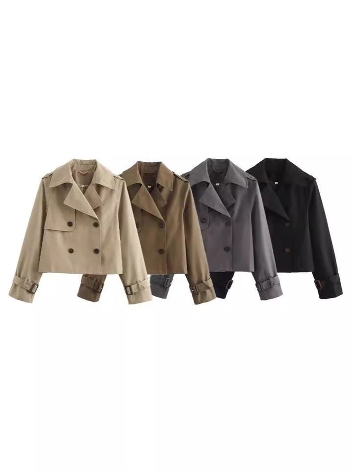 Damen cropped Trenchcoat mit doppelter Knopfleiste und verstellbaren Ärmeln Drune