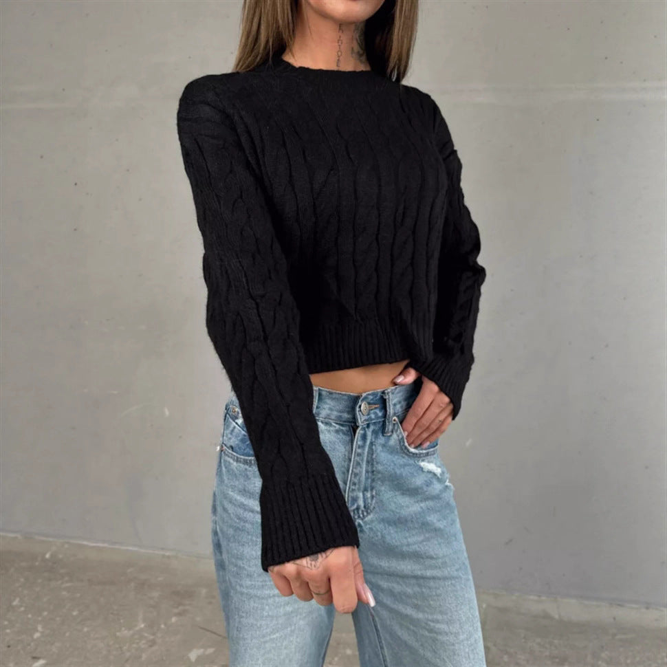 Damen Kurzer Boxy-Zopfstrickpullover mit geripptem Saum und Rundhalsausschnitt Drune
