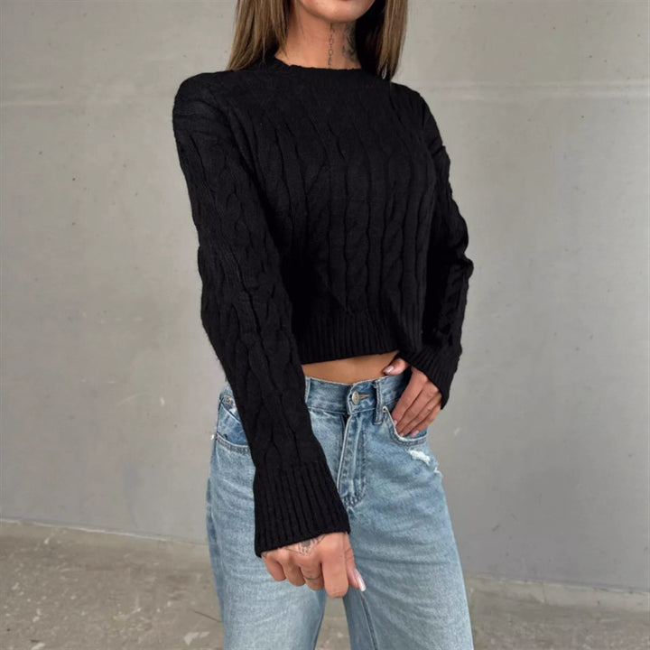 Damen Kurzer Boxy-Zopfstrickpullover mit geripptem Saum und Rundhalsausschnitt Drune