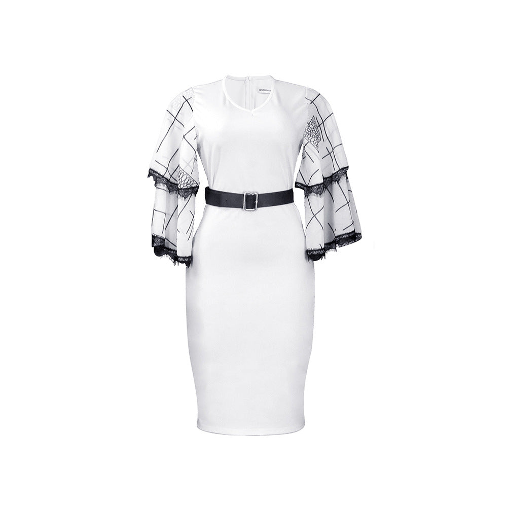 Damen Elegantes Etuikleid mit transparenten Spitzenärmeln und Gürtel Drune