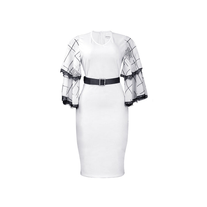 Damen Elegantes Etuikleid mit transparenten Spitzenärmeln und Gürtel Drune