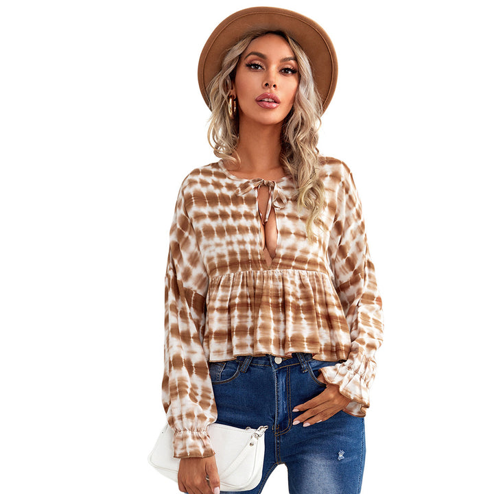 Damen luftiges Peplum-Blusenshirt mit Batikmuster, Kordel‑Neckline und gerafften Ärmeln Drune