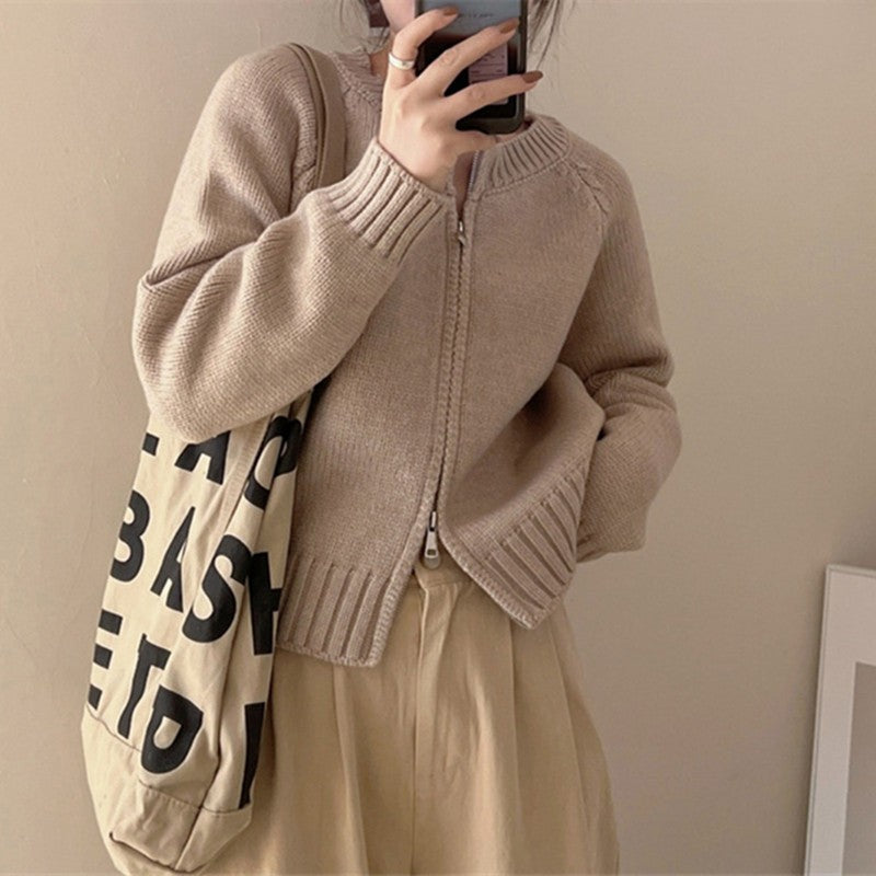 Damen Kuscheliger Cardigan mit Reißverschluss und breitem Rippabschluss Drune