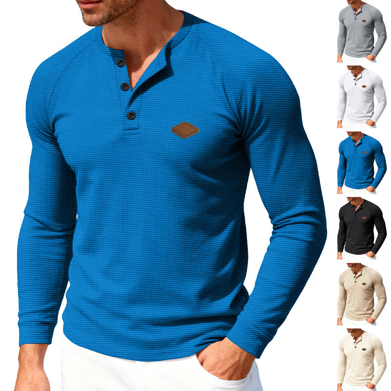 Herren nan Waffelstrick-Henley Langarmshirt mit Raglanärmeln, Halbknopfleiste und Lederlabel Drune