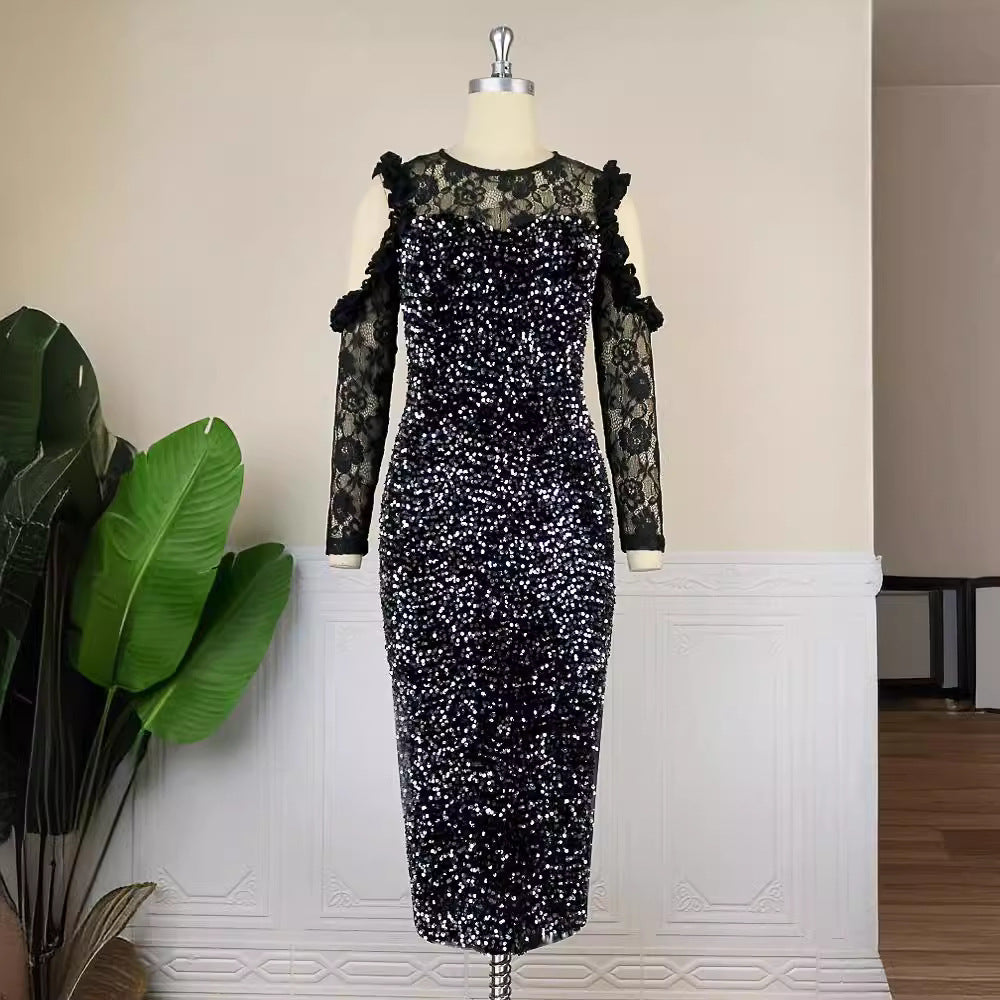 Damen glamouröses Abendkleid mit funkelnden Pailletten und Spitzenärmeln Drune