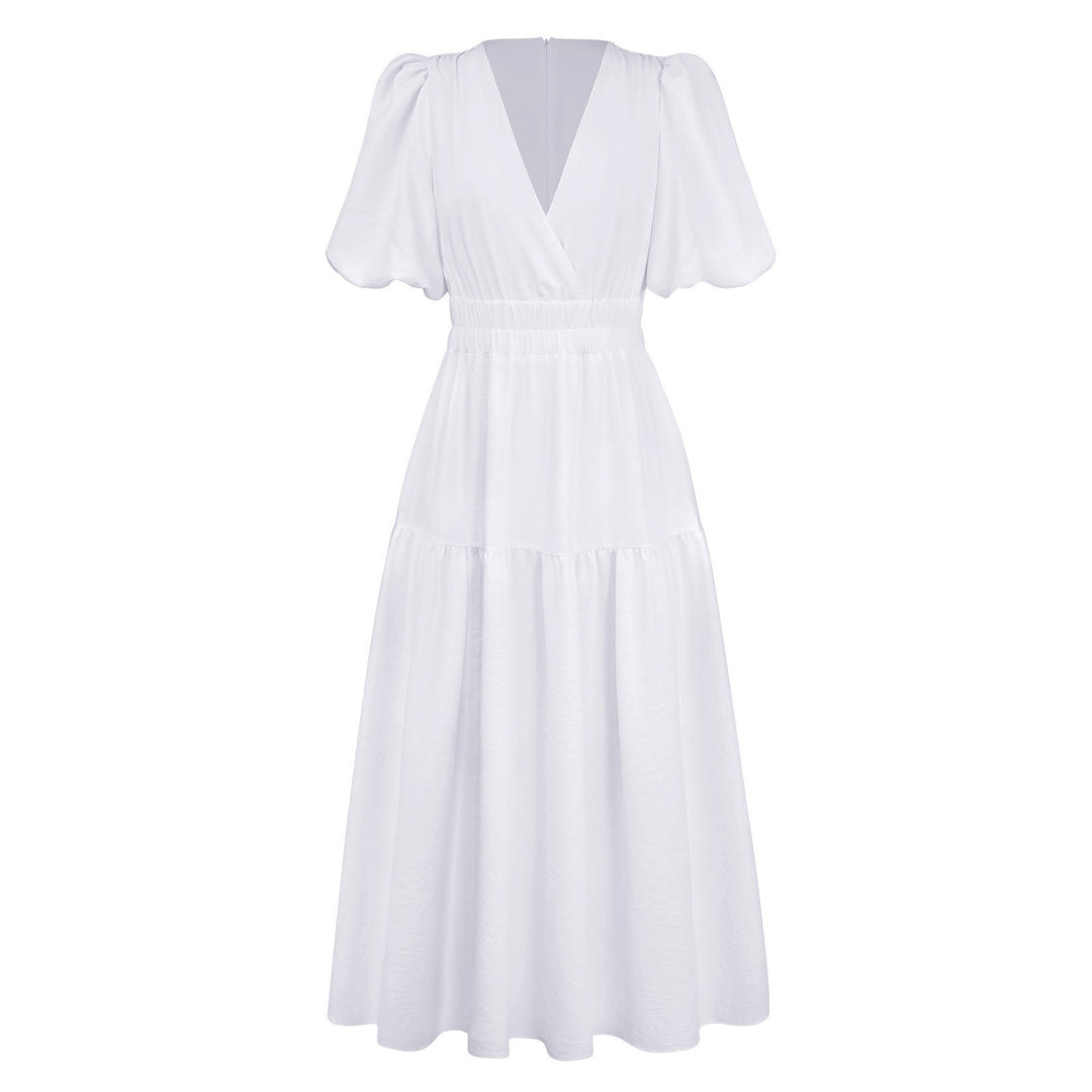 Damen Maxikleid mit Puffärmeln und elastischem Taillenbund Drune