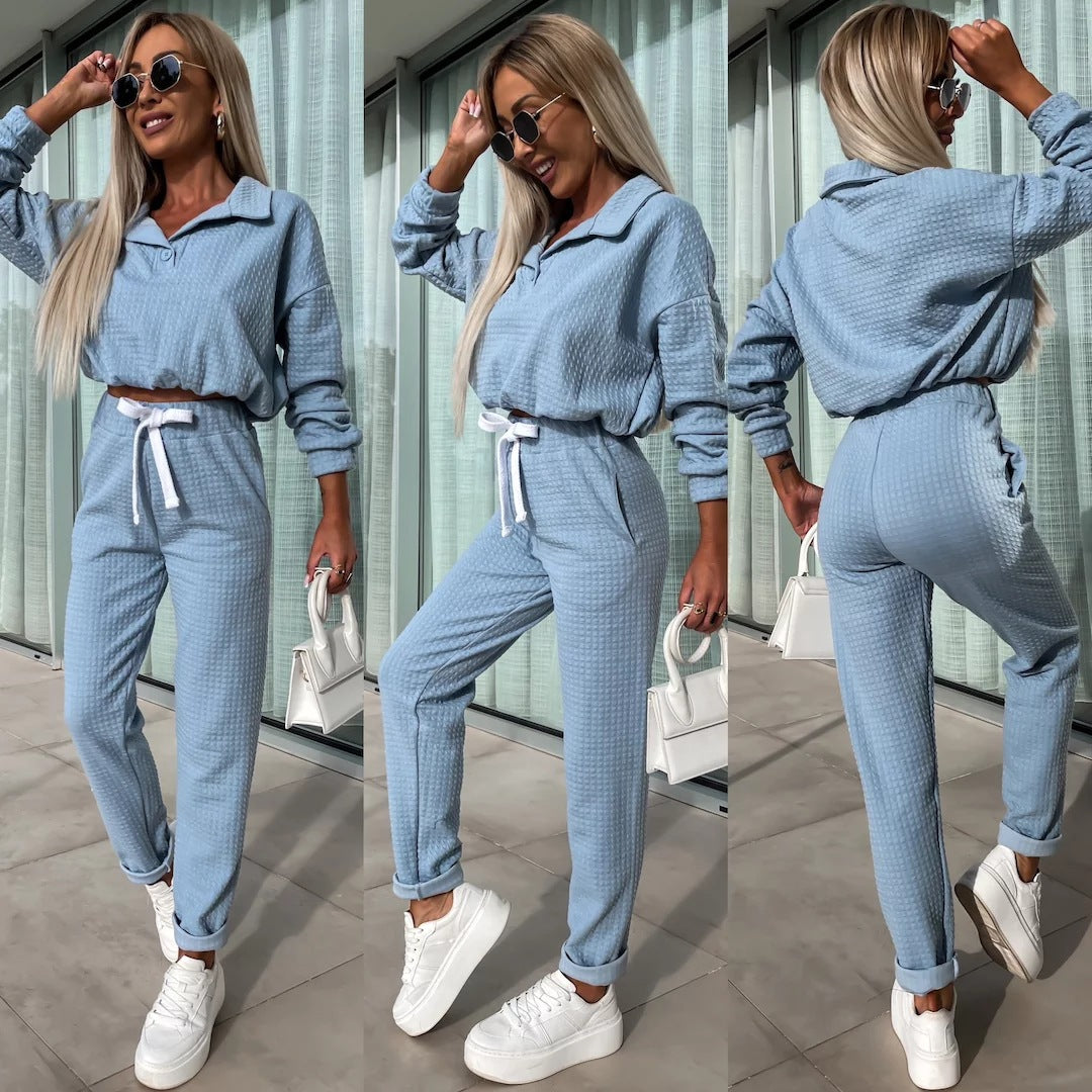 Damen Freizeit-Anzug Set mit cropped Oberteil und bequemen Hosen Drune