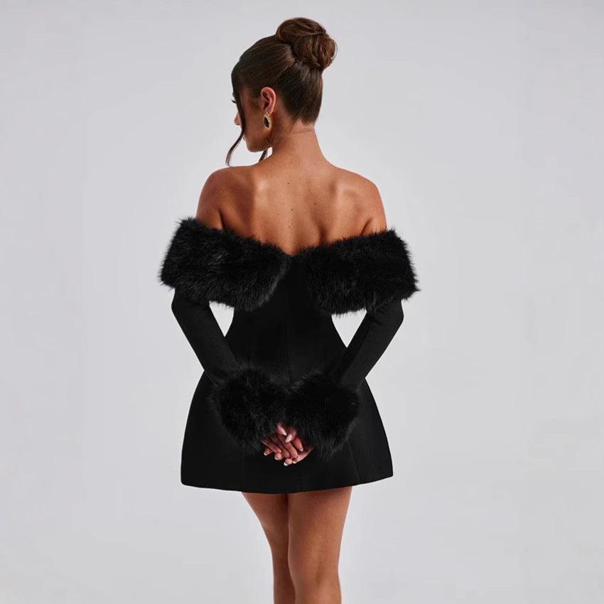 Damen Off-Shoulder Cocktailkleid mit eleganten Flauschesäumen Drune