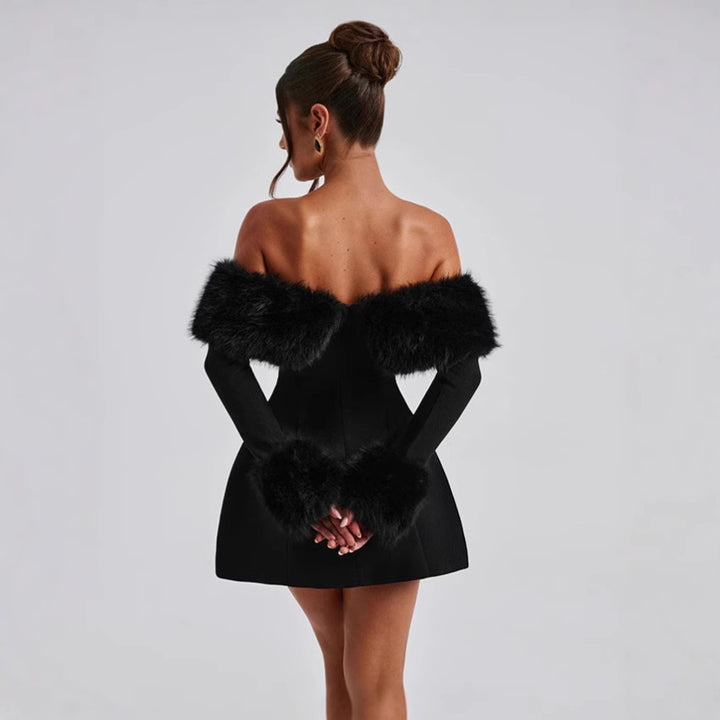 Damen Off-Shoulder Cocktailkleid mit eleganten Flauschesäumen Drune