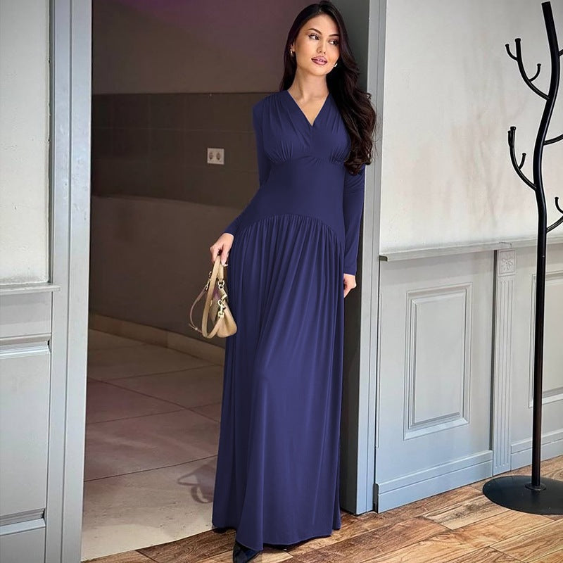 Damen Elegantes Maxikleid mit tiefem V-Ausschnitt und fließendem Schnitt Drune