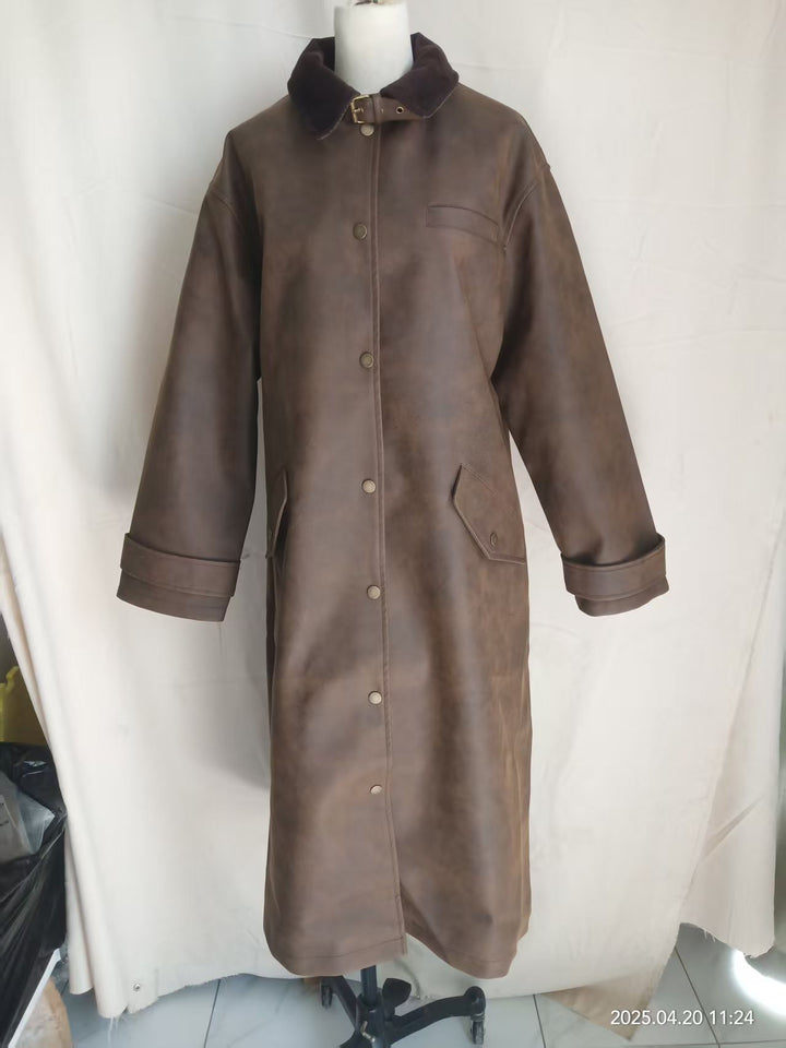 Damen nan extra langer Oversize Kunstledermantel mit verstellbarem Halsriemen, Druckknopffront, Pattentaschen und weiten Ärmeln Drune