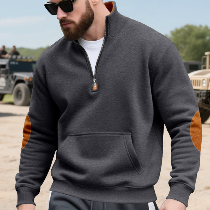 Herren nan Halbzip-Sweatshirt mit Stehkragen, Kängurutasche und kontrastierenden Ellbogenpatches Drune