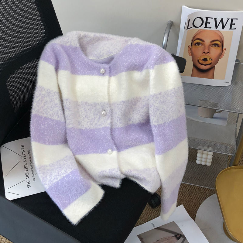 Damen Kuschelige Strickjacke mit Perlknöpfen Drune