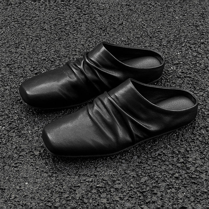 Damen Leder-Mules mit quadratischer Zehenpartie und gerafftem Obermaterial Drune