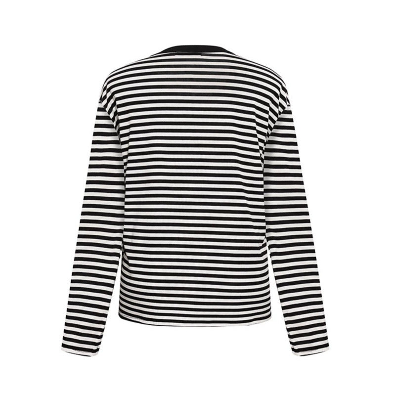 Damen Gestreiftes Langarm-Henleyshirt mit Knopfleiste und Grafikpatches Drune
