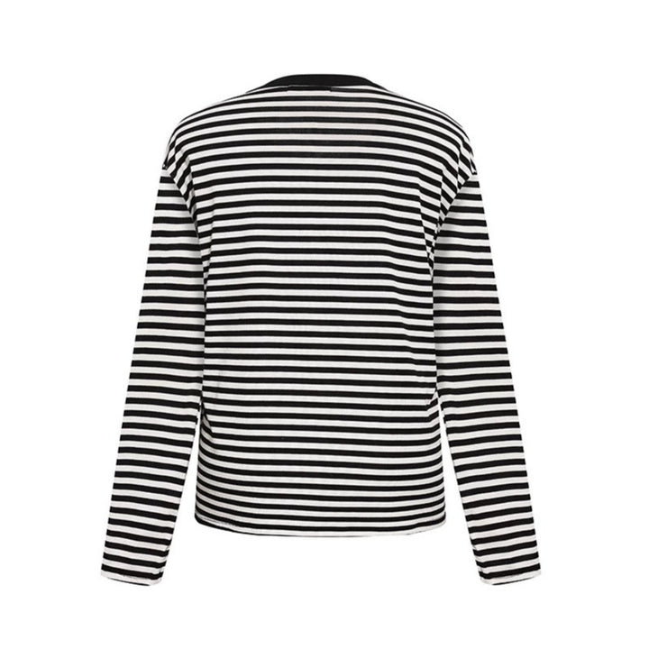 Damen Gestreiftes Langarm-Henleyshirt mit Knopfleiste und Grafikpatches Drune