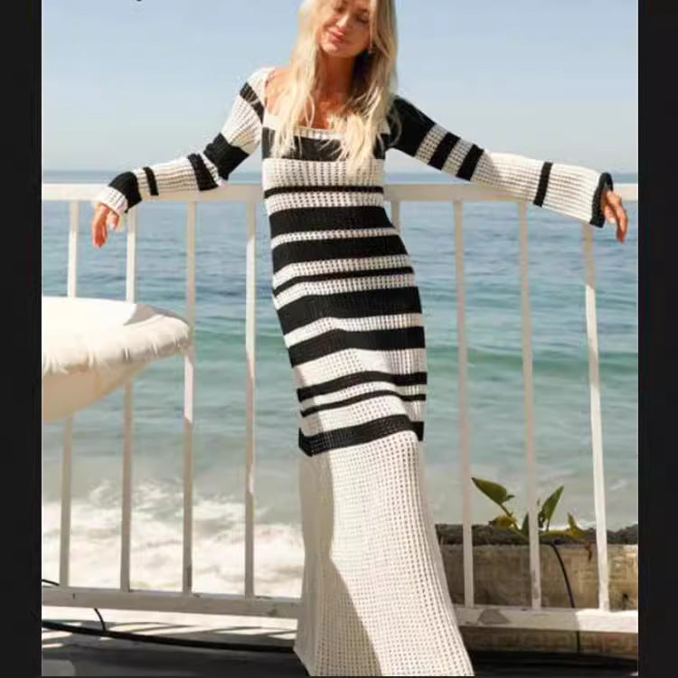 Damen Strickmaxikleid mit modischem Streifenmuster und eleganten Ärmeln Drune