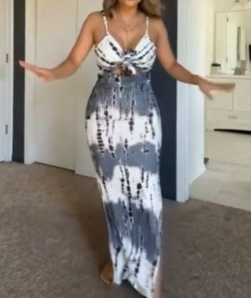 Damen nan ärmelloses Maxikleid mit Spaghettiträgern, Knotenfront und Cut-Out Drune