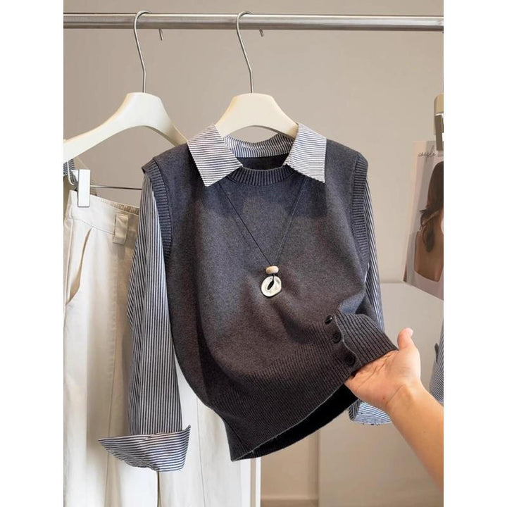 Damen gehobener Pullover mit Hemdkragen Drune