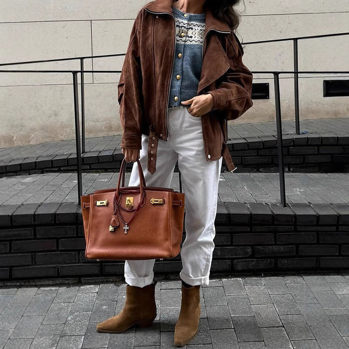 Damen lässige Wildlederjacke im Oversized-Stil mit Taillengürtel Drune