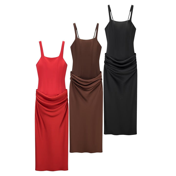 Damen elegantes Midikleid mit raffinierten Drapierungen und verstellbaren Spaghettiträgern Drune