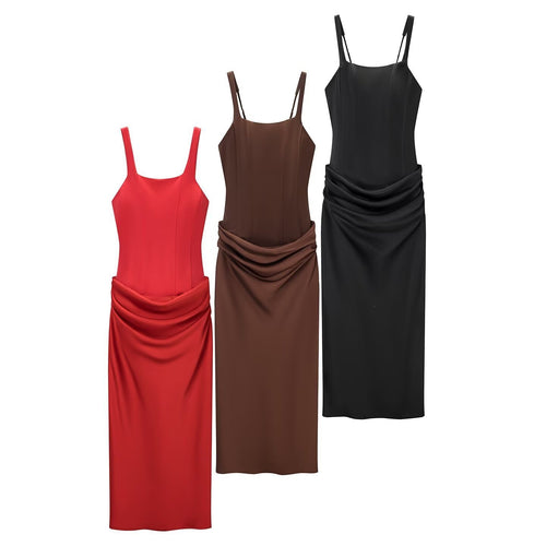 Damen elegantes Midikleid mit raffinierten Drapierungen und verstellbaren Spaghettiträgern Drune