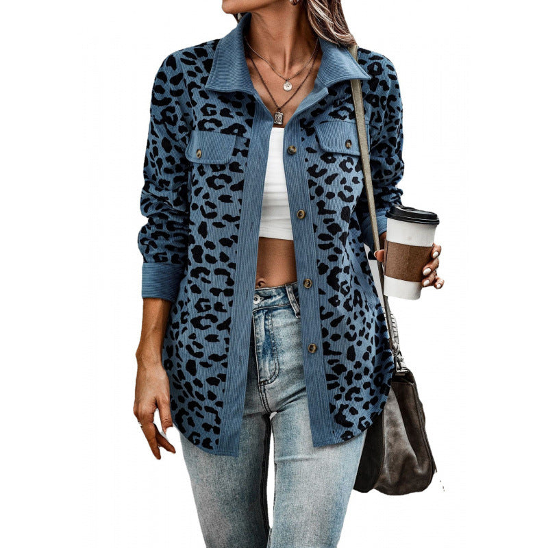 Damen tierisches Print-Langarm-Hemdjacke mit aufgesetzten Taschen Drune