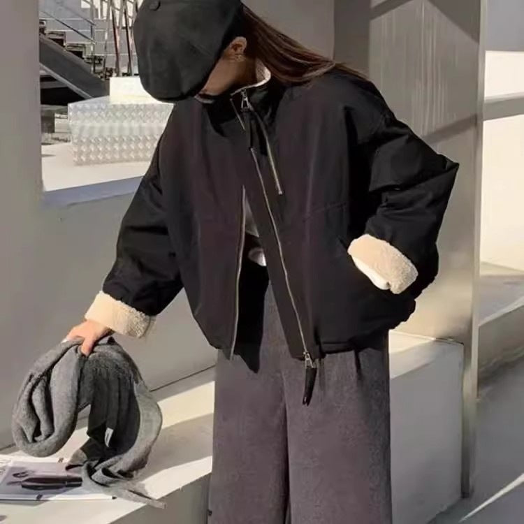 Damen Kurze Oversize Bomberjacke mit Teddyfutter an Bündchen und Stehkragen Drune