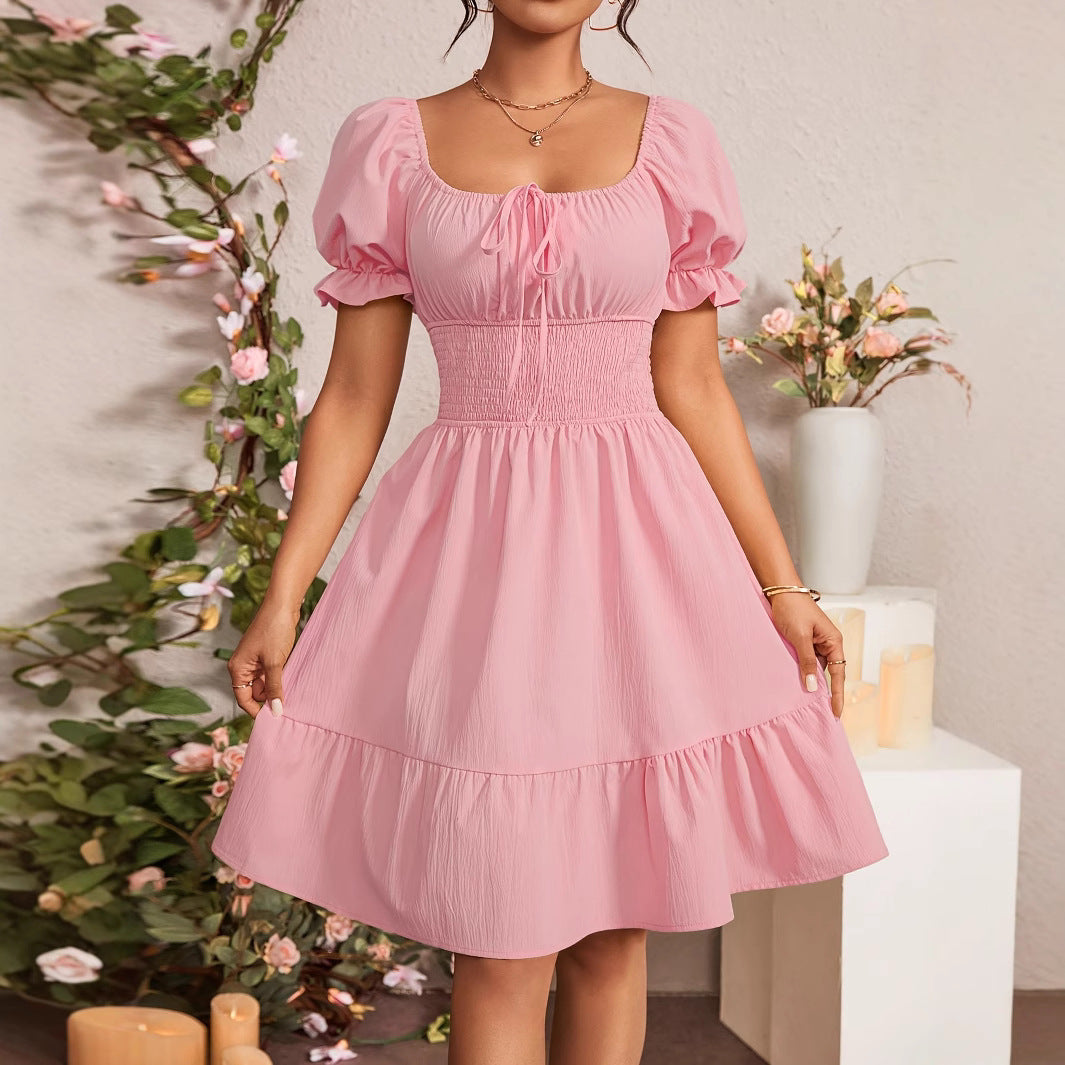 Damen Puffärmel Kleid mit elastischem Tailleneinsatz und Rüschensaum Drune
