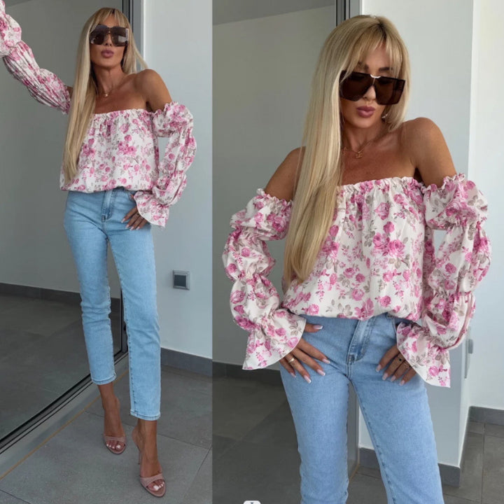 Damen Off-Shoulder Rüsch Blumen Bluse Drune
