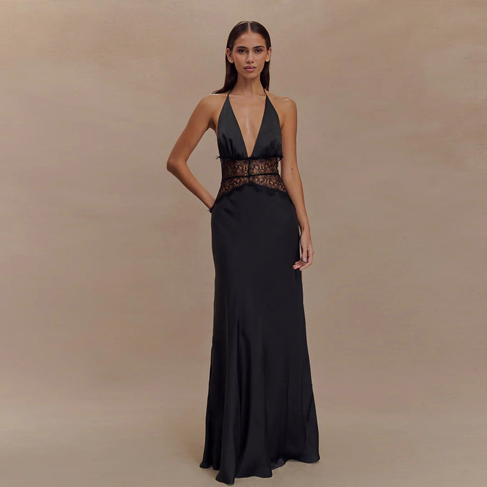 Damen Elegantes Maxikleid mit tiefem V-Ausschnitt und zarter Spitzenverzierung Drune