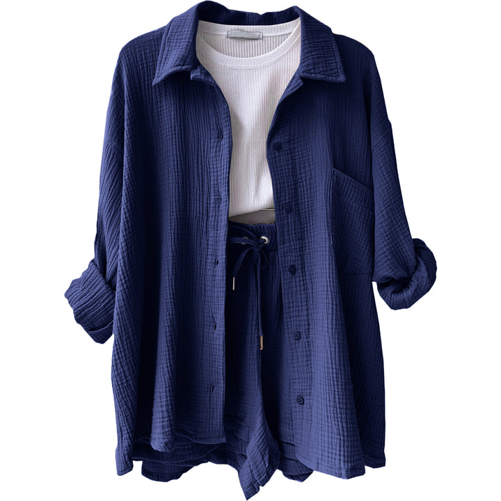 Damen lässiges Komfort-Set aus kurzem Top und Oversized-Hemd Drune